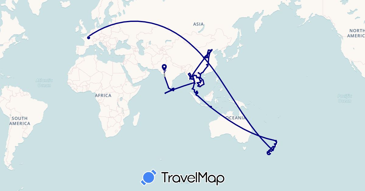 TravelMap itinerary: driving, plane in China, France, Indonesia, India, Cambodia, Laos, Sri Lanka, Myanmar (Burma), Maldives, Malaysia, New Zealand, Singapore, Thailand, Vietnam (Asia, Europe, Oceania)
